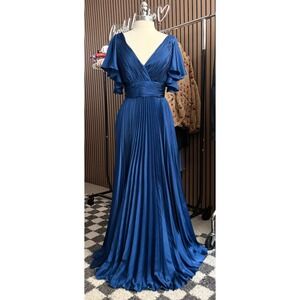 Mac Duggal Pleated Gown Women 6 Blue 49184 Flare Sleeve Maxi Dress